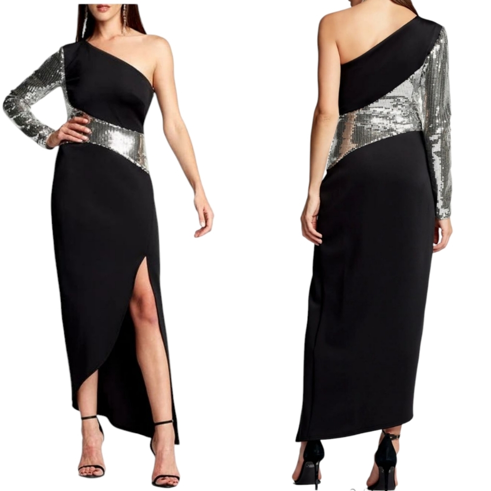 SHO by Tadashi Shoji Sequin One-Shoulder Black Scuba Dress NWOT